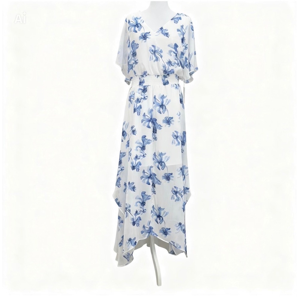 CeCe Floral Chiffon Handkerchief Hem Dress Womens Large white Blue NWT